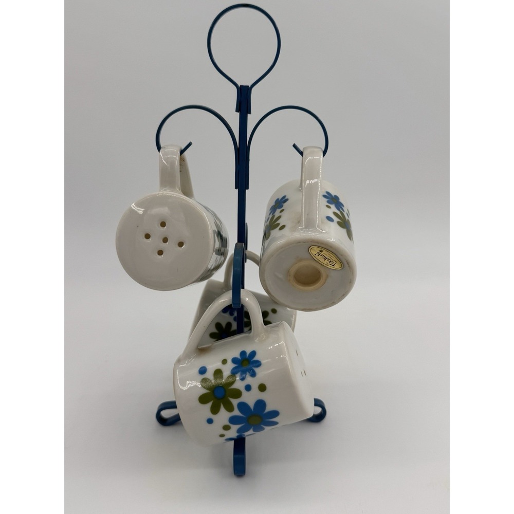 Salt & Pepper‎ Shakers Japan Takahashi Blue Green Flower Daisy w/Stand 1970s VTG